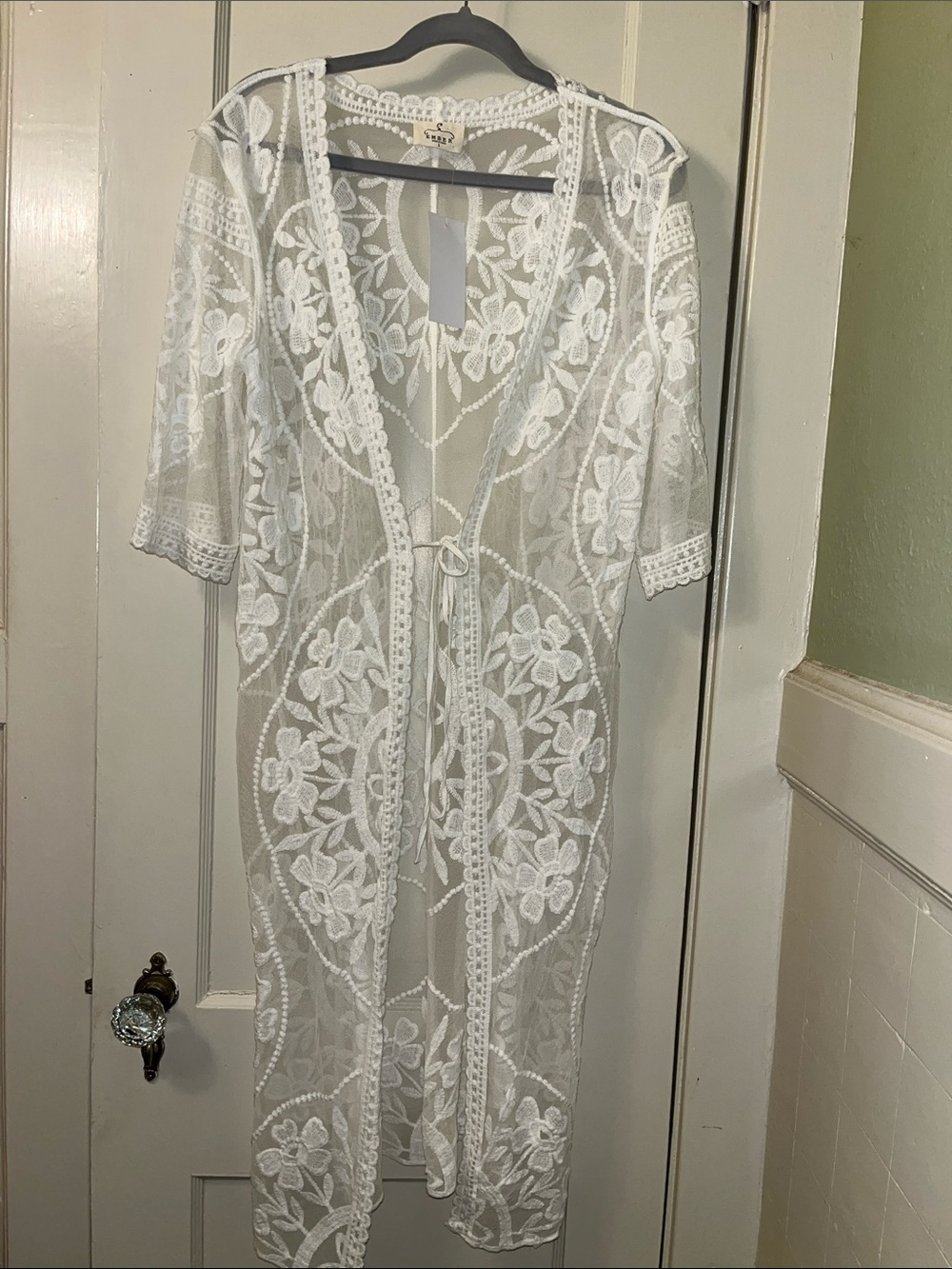 Sheer White Floral Lace Robe/Coverup with Tie Closure